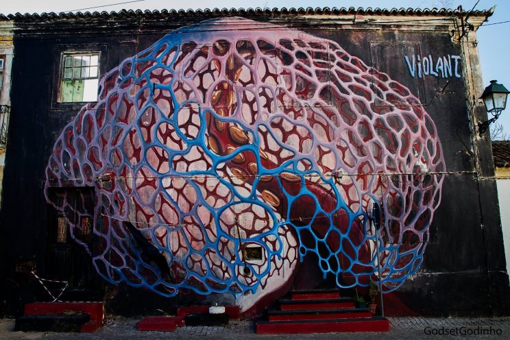 Fotografia de mural de arte urbana em Abrantes. Desenho mostra um rede como de um cérebro, em enorme escala, e surge uma escada para entrada.
